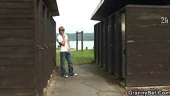 Old Man Pleasures A Mature Blonde In A Public Restroom